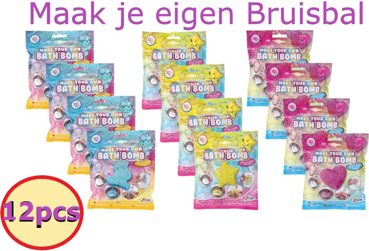 Grafix Traktatie Uitdeelcadeautjes voor Kinderen | 12x Maak je eigen Bruisballen | Voor Jongens & Meisjes | Bathbombs voor kinderen | 3 verschillende varianten | Uitdeelcadeautjes voor traktatie | Weggeef Cadeautjes | Kinderfeestje